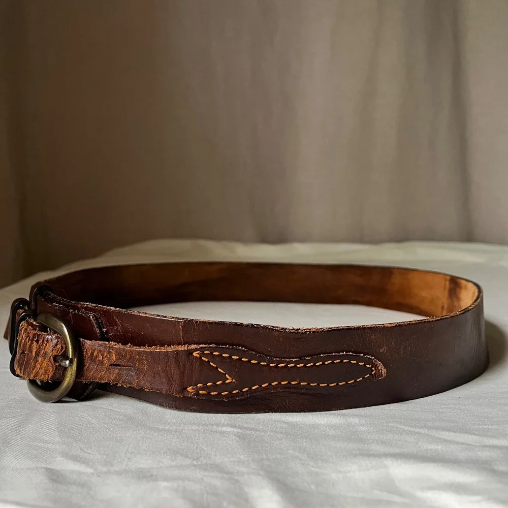 Vintage Brown Leather Ranger Belt Brass Buckle Western Distressed 1.75